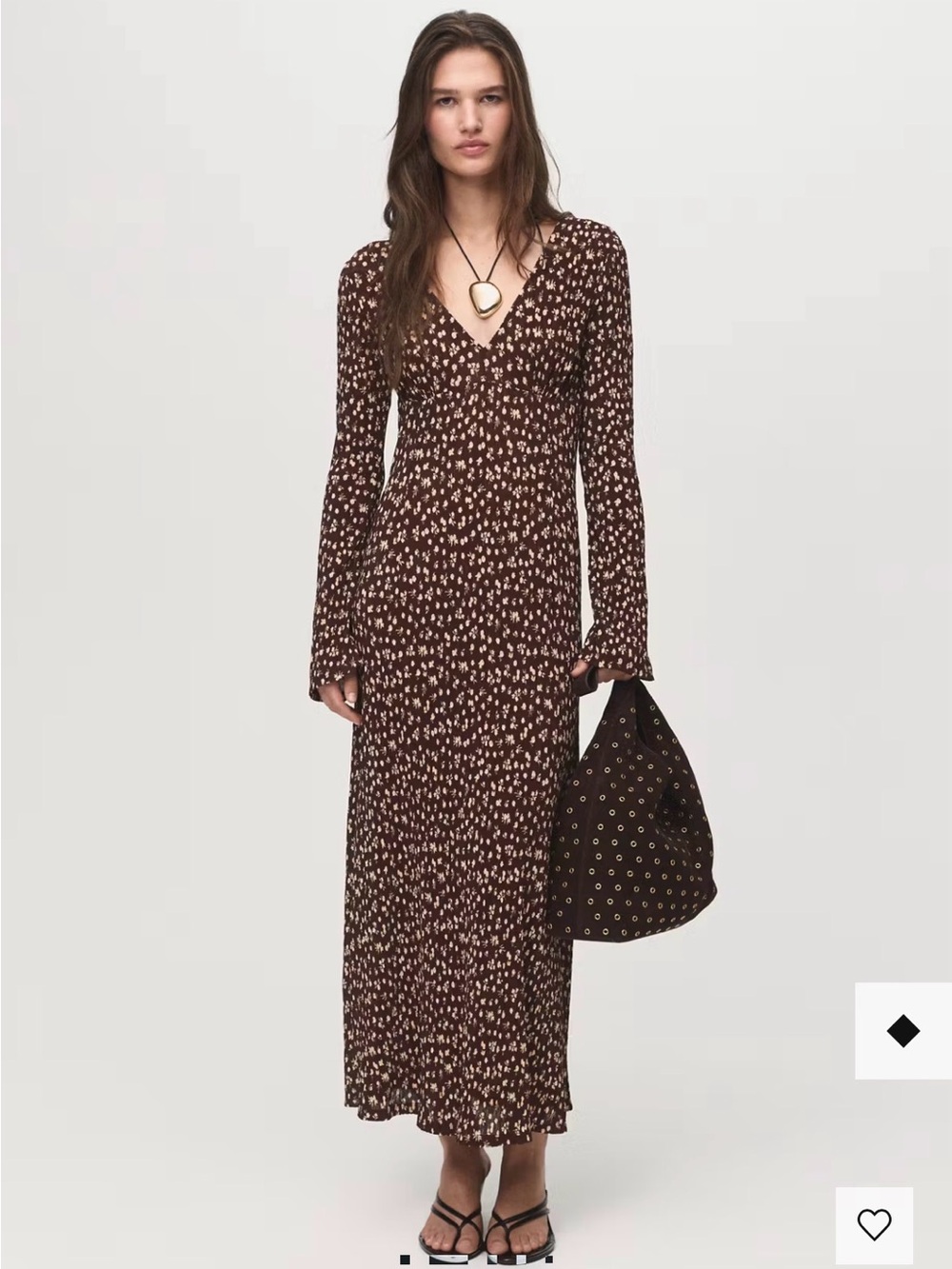 Mango Brown Printed V-Neck Long Sleeve Maxi Dress